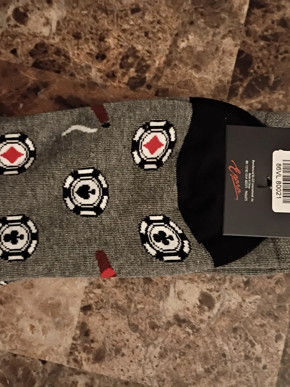 Egara Gray Poker Chip Crew Socks with Black Toe and Red Accent